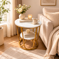 Wooden Twist Round Coffee Table with Marble Top Like Finish Stylish 2-Tier Design - WoodenTwist