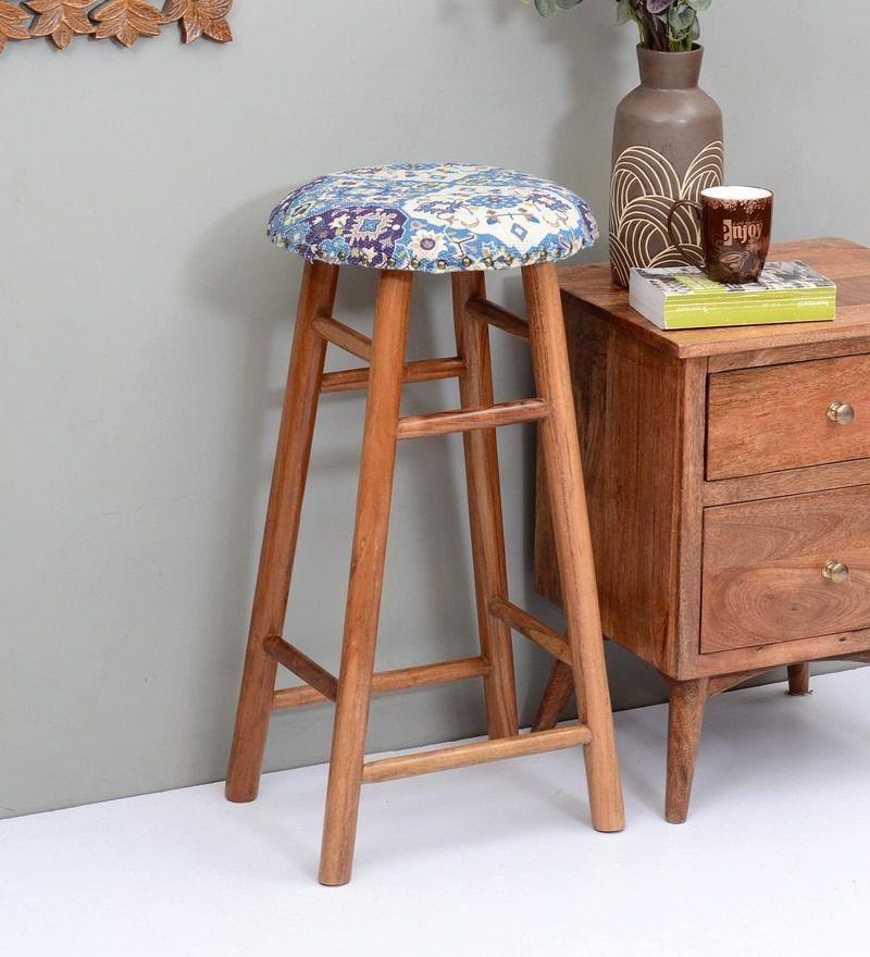 Round Mango Wood Bar Stool In Cotton Multicolour - WoodenTwist