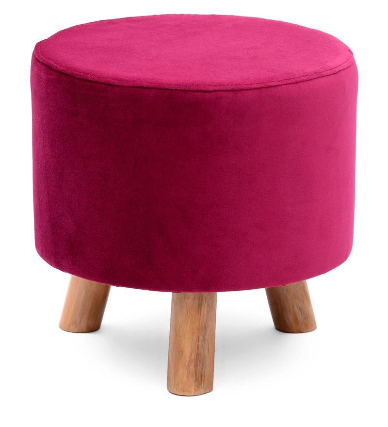 Solid Wood Foot Stool In Velvet Pink Colour - WoodenTwist