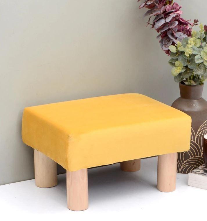 Solid Wood Foot Stool In Velvet Yellow Colour - WoodenTwist