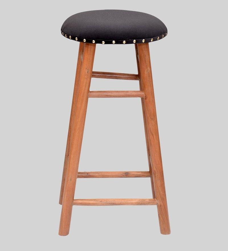 Round Mango Wood Bar Stool In Velvet Black Colour - WoodenTwist