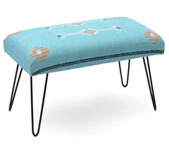 Mango Wood Bench In Cotton Blue Colour With Metal Legs - WoodenTwist