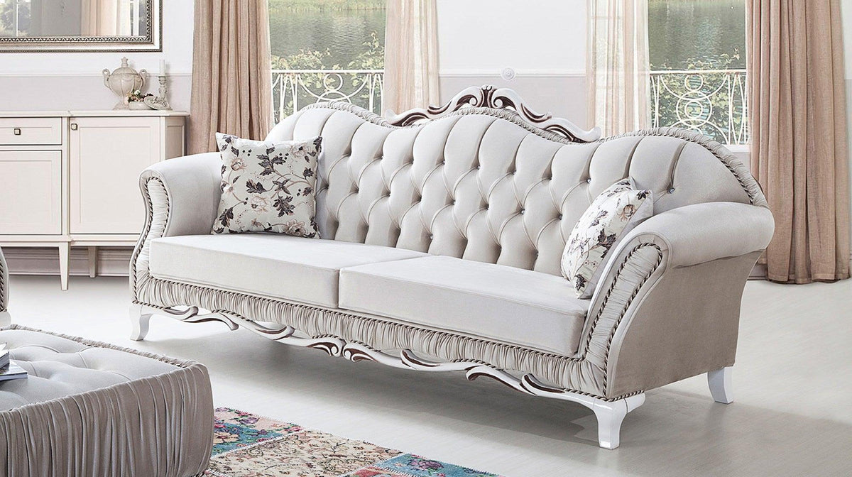 Wooden Twist Hand Craved Estilo Tufted Teak Wood 3 Seater Sofa Set ( Silver ) - WoodenTwist