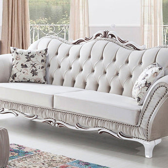 Wooden Twist Hand Craved Estilo Tufted Teak Wood 3 Seater Sofa Set ( Silver ) - WoodenTwist