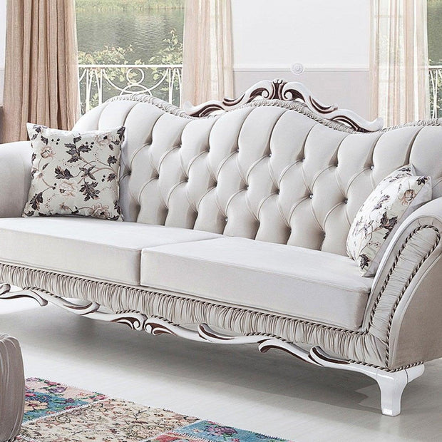 Wooden Twist Hand Craved Estilo Tufted Teak Wood 3 Seater Sofa Set ( Silver ) - WoodenTwist