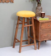 Round Mango Wood Bar Stool In Velvet Yellow Colour - WoodenTwist