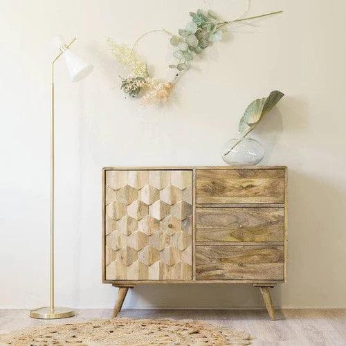 Wooden Twist Pentagonal Hand-Carved Sideboard Cabinet with 1 Door & 3 Drawers - WoodenTwist