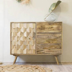 Wooden Twist Pentagonal Hand-Carved Sideboard Cabinet with 1 Door & 3 Drawers - WoodenTwist