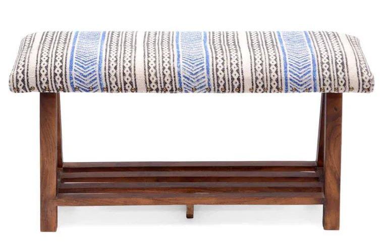 Mango Wood Bench In Cotton Blue Colour - WoodenTwist