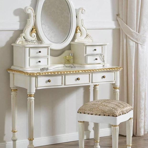 Wooden Twist Victorian Modern Baroque Style Hand Carved Teak Wood Dressing Table Attach Mirror & 7 Drawers with Ottoman - WoodenTwist