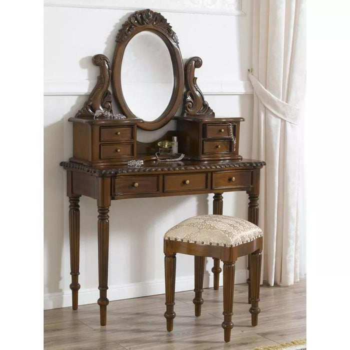 Wooden Twist Victorian Modern Baroque Style Hand Carved Teak Wood Dressing Table Attach Mirror & 7 Drawers with Ottoman - WoodenTwist