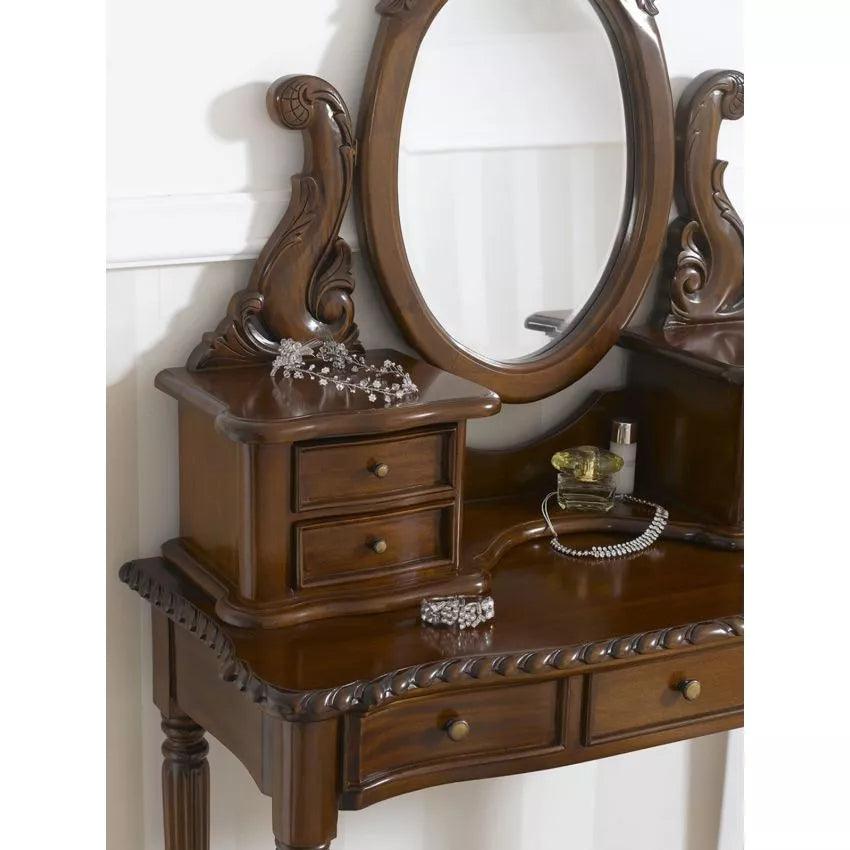 Wooden Twist Victorian Modern Baroque Style Hand Carved Teak Wood Dressing Table Attach Mirror & 7 Drawers with Ottoman - WoodenTwist