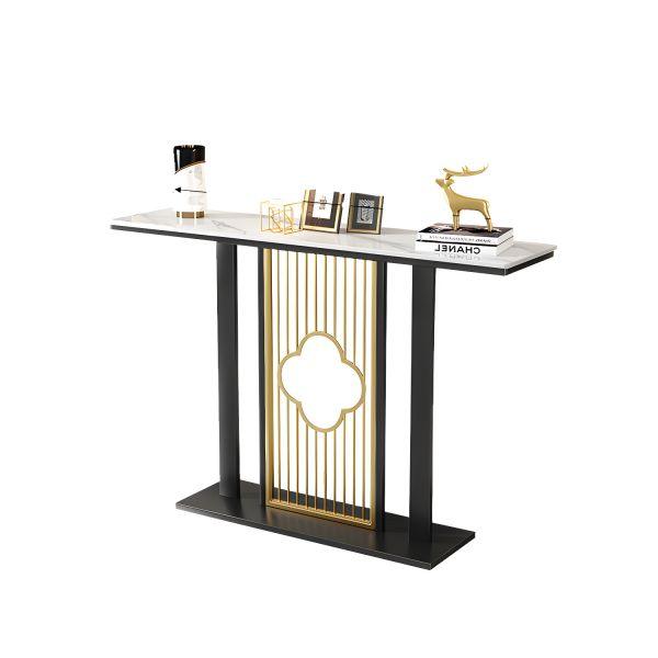 Luxurious Black Iron Rectangle Console Table with White Marble Top - WoodenTwist