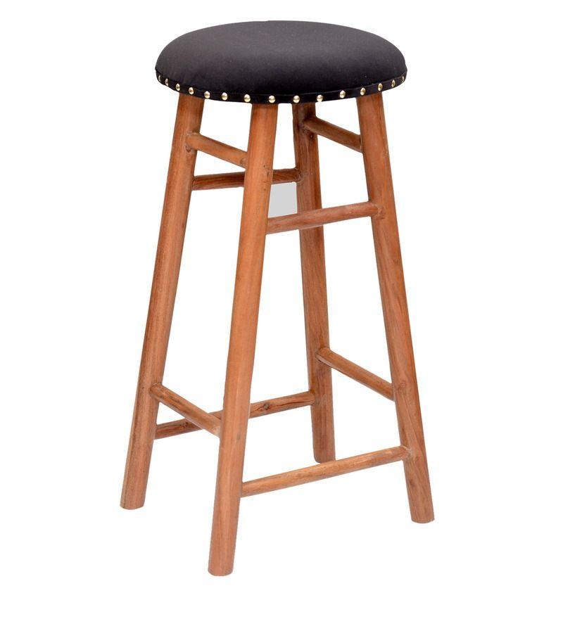 Round Mango Wood Bar Stool In Velvet Black Colour - WoodenTwist