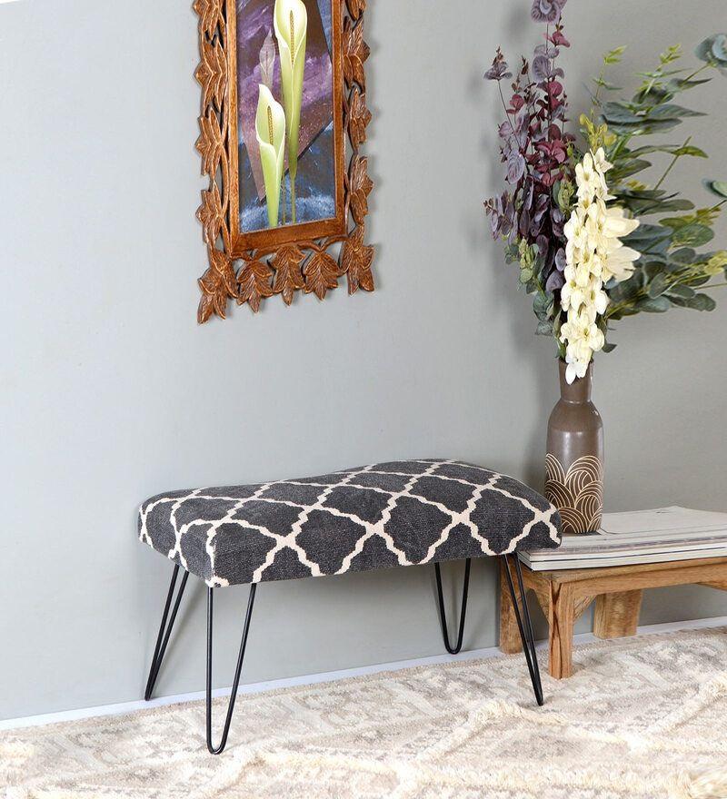 Mango Wood Bench In Cotton Black Colour With Metal Legs - WoodenTwist