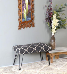 Mango Wood Bench In Cotton Black Colour With Metal Legs - WoodenTwist