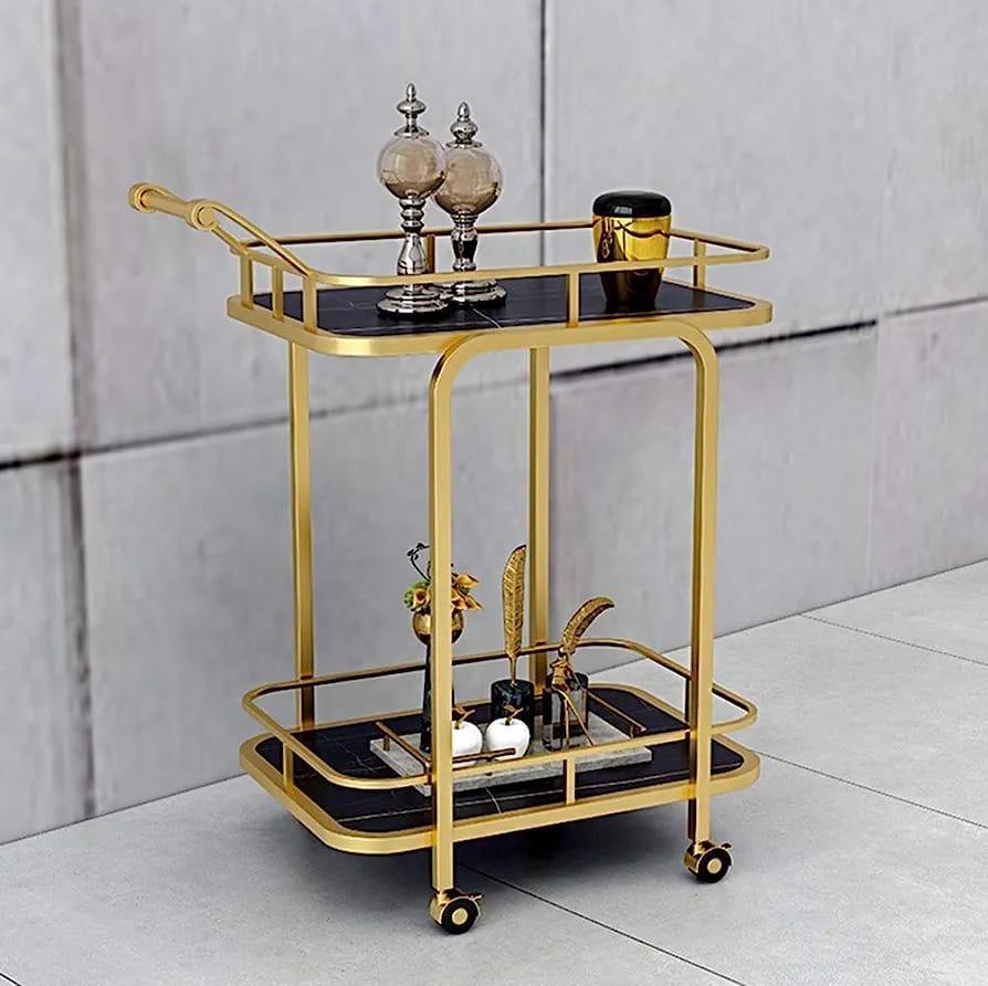 Golden iron bar cart, black marble top