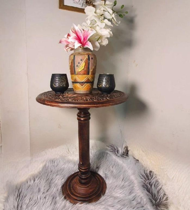 Wooden Twist Sculpte Hand Carved Solid Wood End Table - WoodenTwist