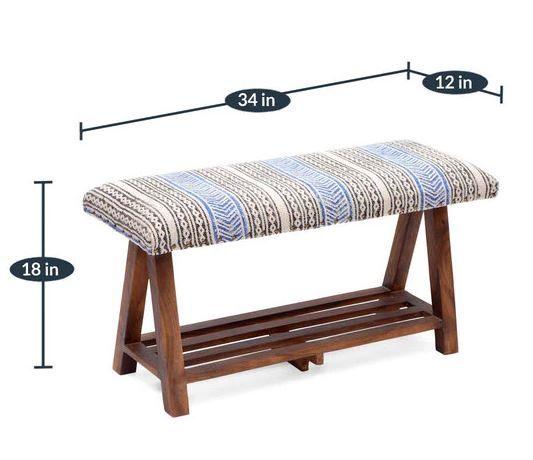 Mango Wood Bench In Cotton Blue Colour - WoodenTwist