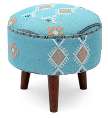 Mango Wood Foot Stool In Cotton Blue Colour - WoodenTwist