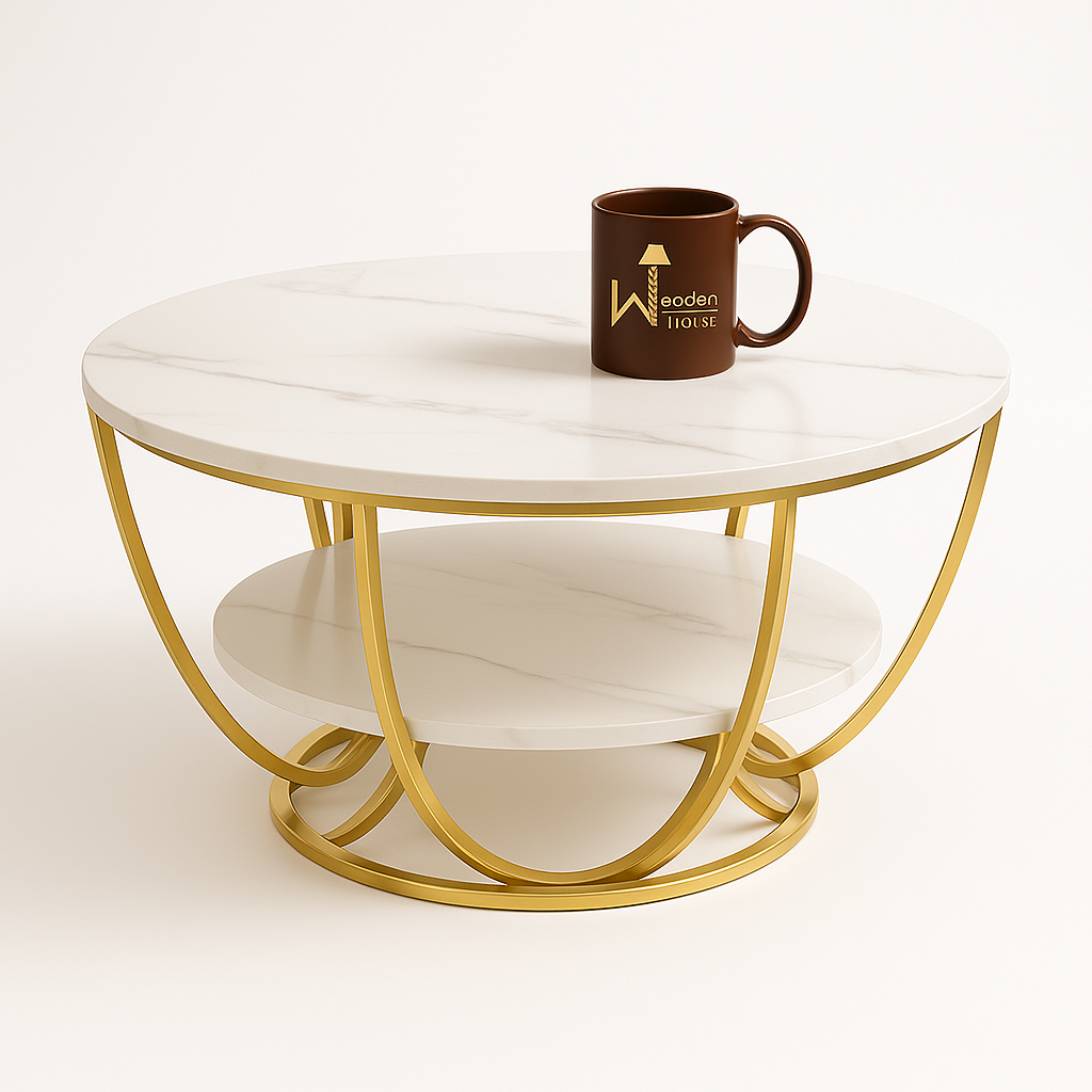 Coffee table with gold frame and marble top, featuring a mug on top.