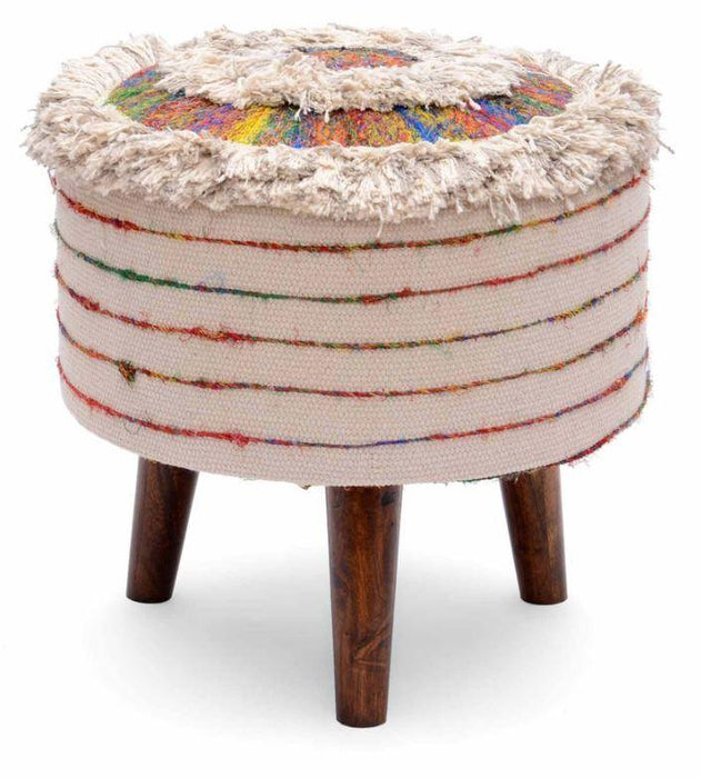 Mango Wood Foot Stool In Cotton White Colour - WoodenTwist