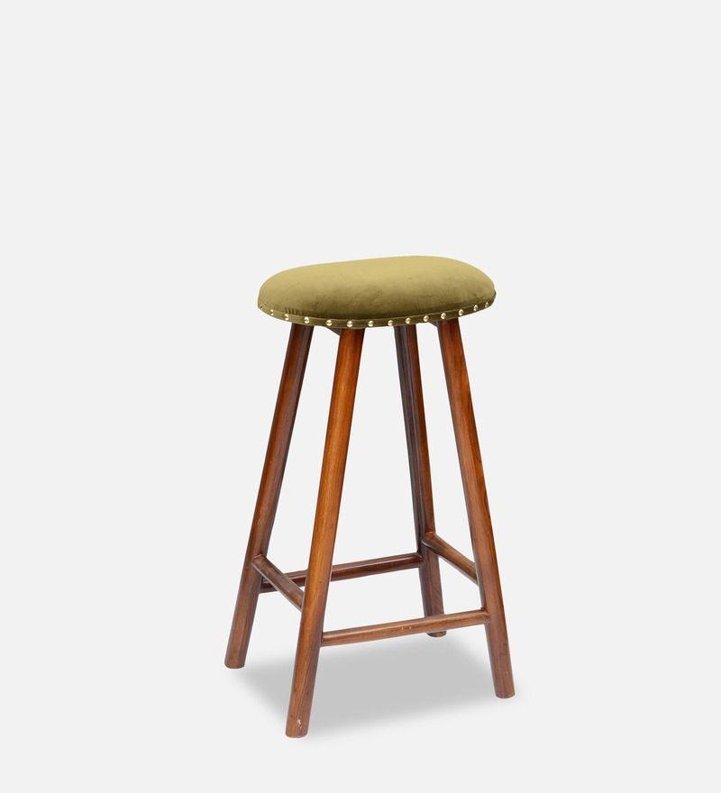 Curved Mango Wood Bar Stool In Velvet Green Colour - WoodenTwist