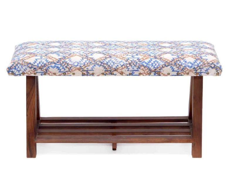 Mango Wood Bench In Cotton Blue Colour - WoodenTwist