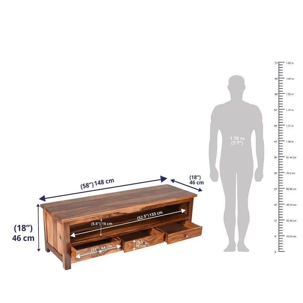 Sheesham Wood Three Drawer Design TV Cabinet - WoodenTwist