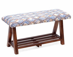 Mango Wood Bench In Cotton Blue Colour - WoodenTwist