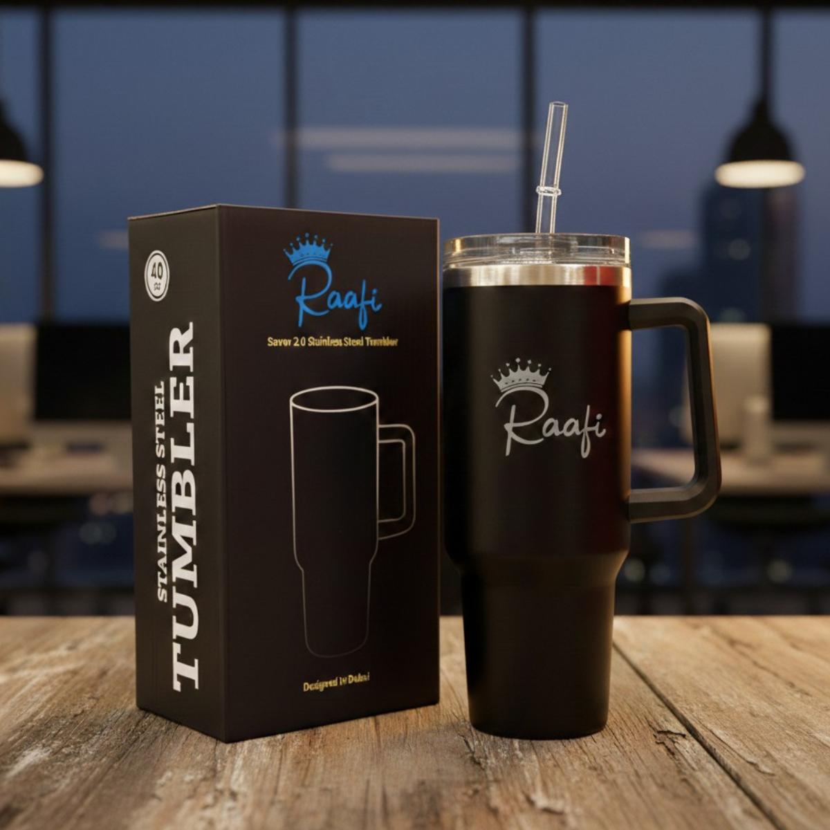 A cinematic lifestyle shot of a premium 40oz insulated stainless steel tumbler in a soft peach-pink color. A woman is holding the tumbler while sitting in the driver's seat of a car at night, with city lights blurred in the background. The tumbler features a sturdy handle, a clear lid with a reusable straw, and the "Raafi" brand logo engraved on the side.