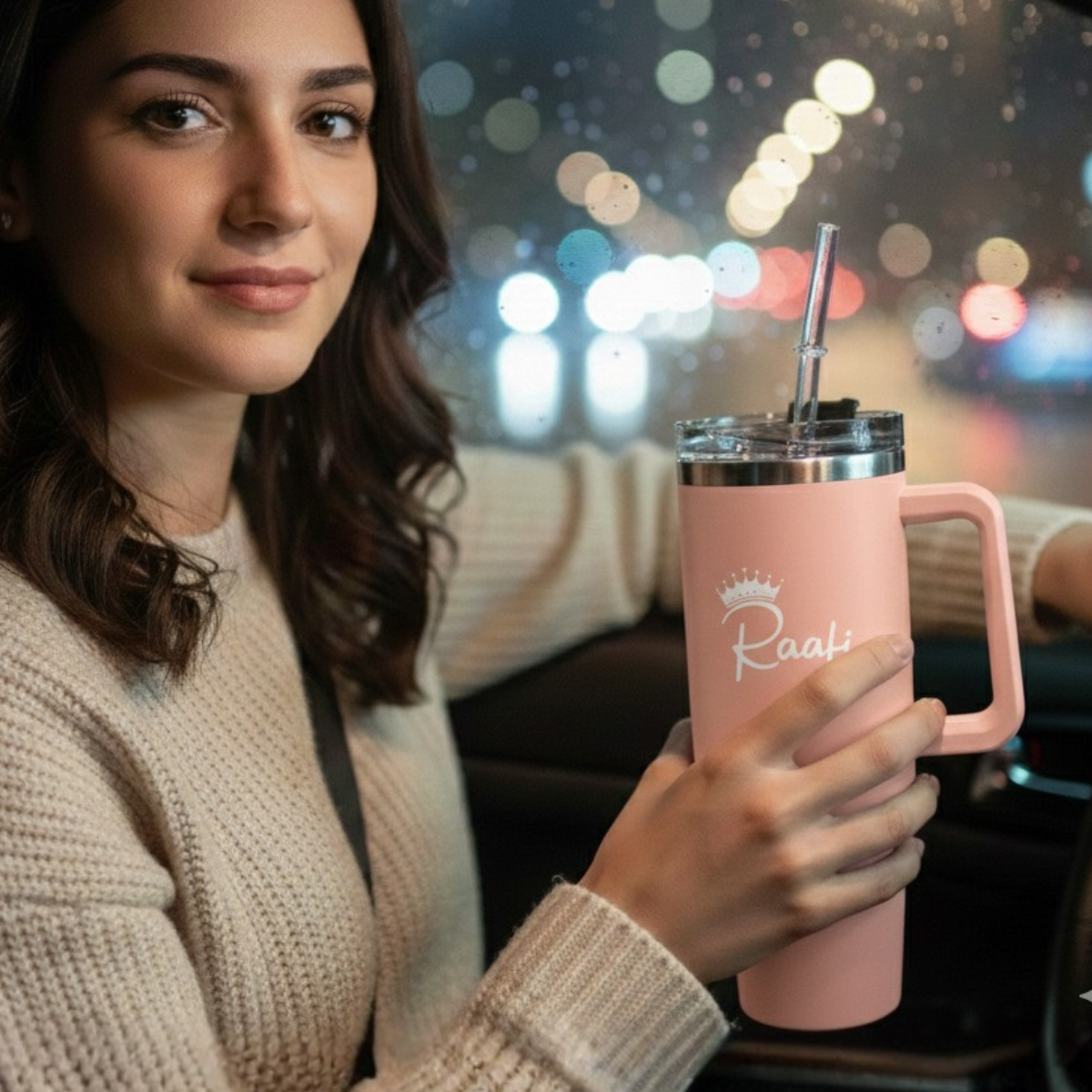 Close-up of a 40oz Raafi insulated travel tumbler in a matte peach-pink finish, featuring a sleek ergonomic handle and a spill-resistant clear lid with a straw. The tumbler is being held by a passenger in a car against a backdrop of glowing bokeh city lights, highlighting its modern design and portability for long drives.