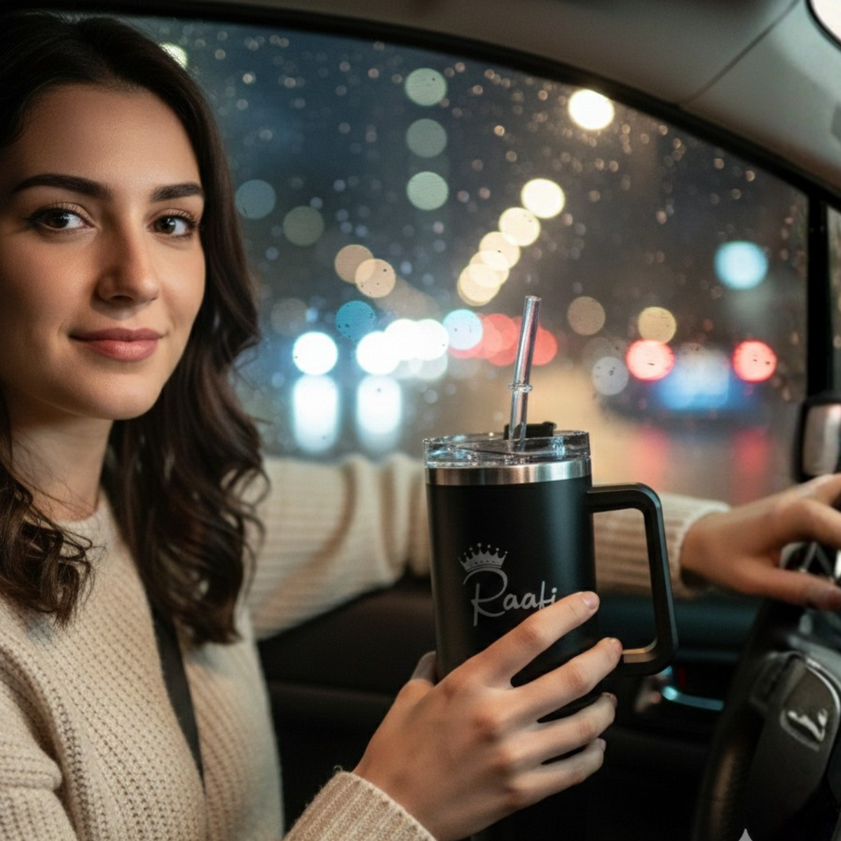 woman holding a peach-pink Raafi 40oz insulated stainless steel travel mug with a straw inside a car at night. The background features cinematic city bokeh lights, emphasizing the tumbler's portability and sleek design for commuters and travelers.