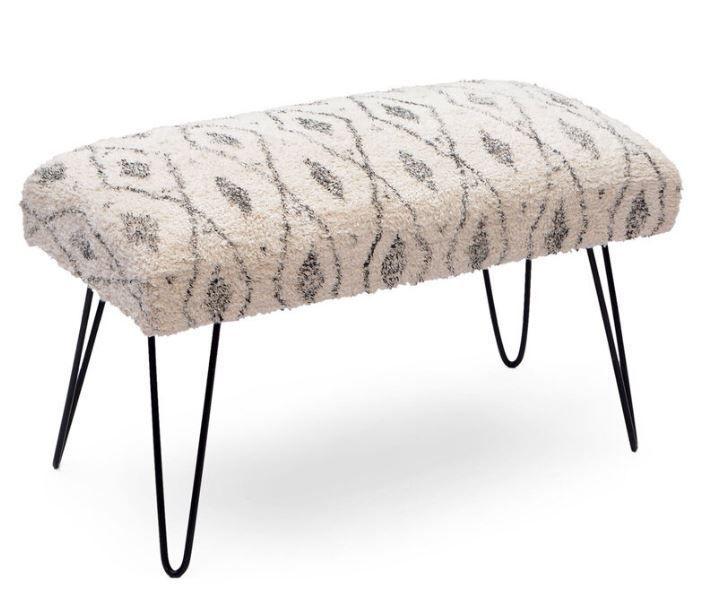 Mango Wood Bench In Cotton Black & White Colour With Metal Legs - WoodenTwist