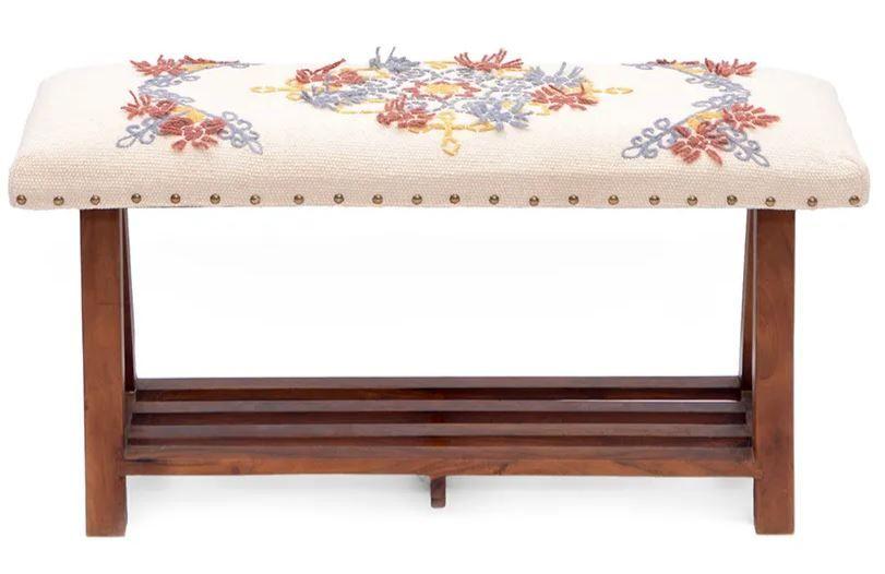 Mango Wood Bench In Cotton White Colour - WoodenTwist