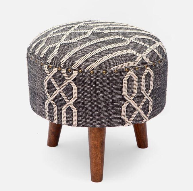 Mango Wood Foot Stool In Cotton Black Colour - WoodenTwist