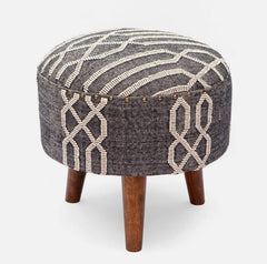 Mango Wood Foot Stool In Cotton Black Colour - WoodenTwist