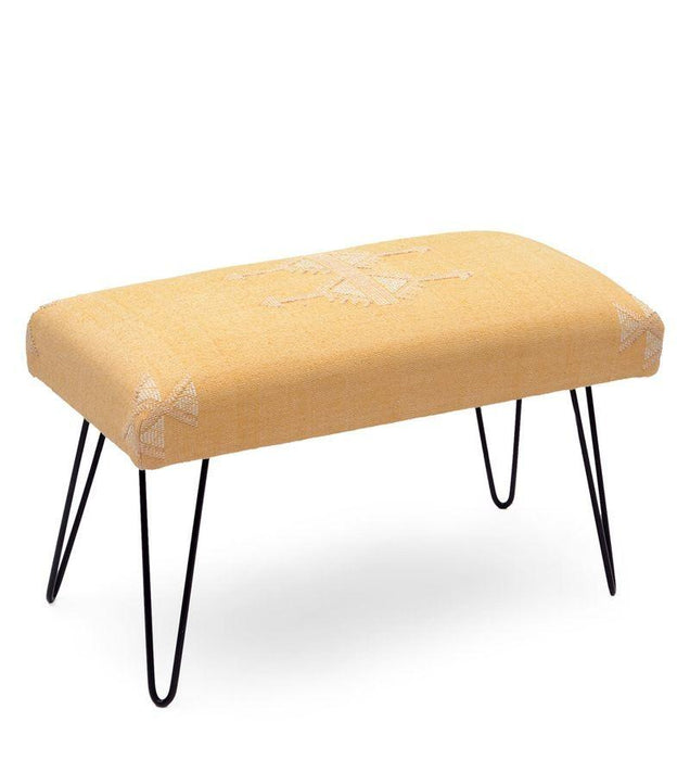 Mango Wood Bench In Cotton yellow Colour With Metal Legs - WoodenTwist