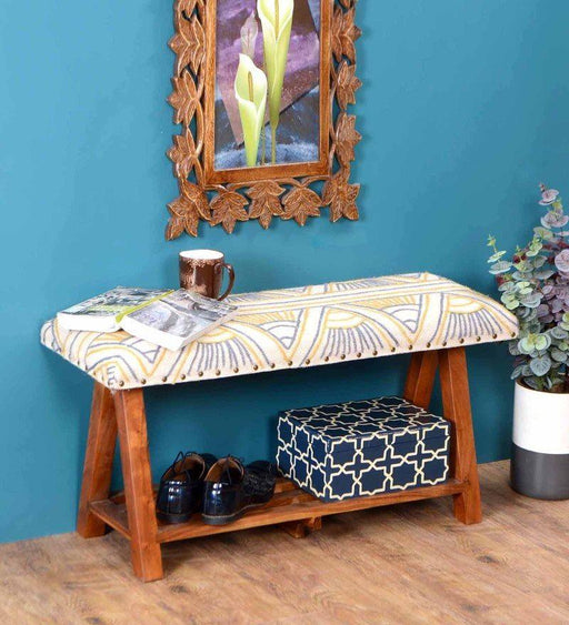 Mango Wood Bench In Cotton yellow Colour - WoodenTwist