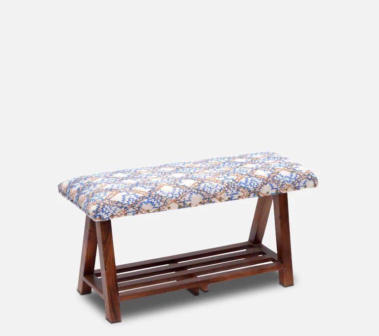 Mango Wood Bench In Cotton Blue Colour - WoodenTwist