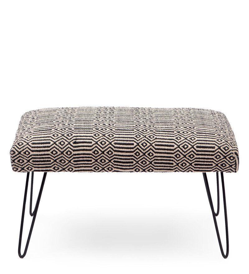 Mango Wood Bench In Cotton Black Colour With Metal Legs - WoodenTwist