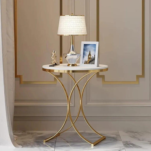 Golden Radiance Round Side Table with Marble Top - WoodenTwist