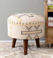 Mango Wood Foot Stool In Cotton White Colour - WoodenTwist