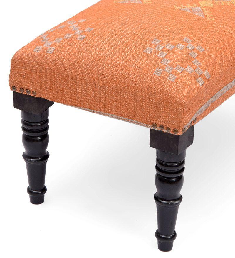 Mango Wood Bench In Cotton Orange Colour - WoodenTwist