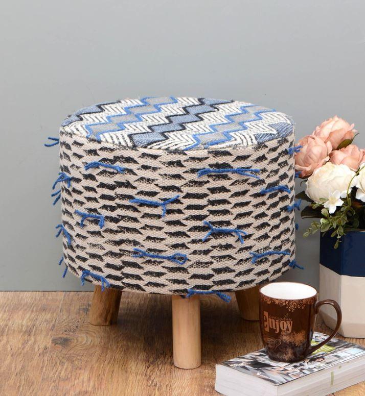 Solid Wood Foot Stool In Cotton Blue Colour - WoodenTwist