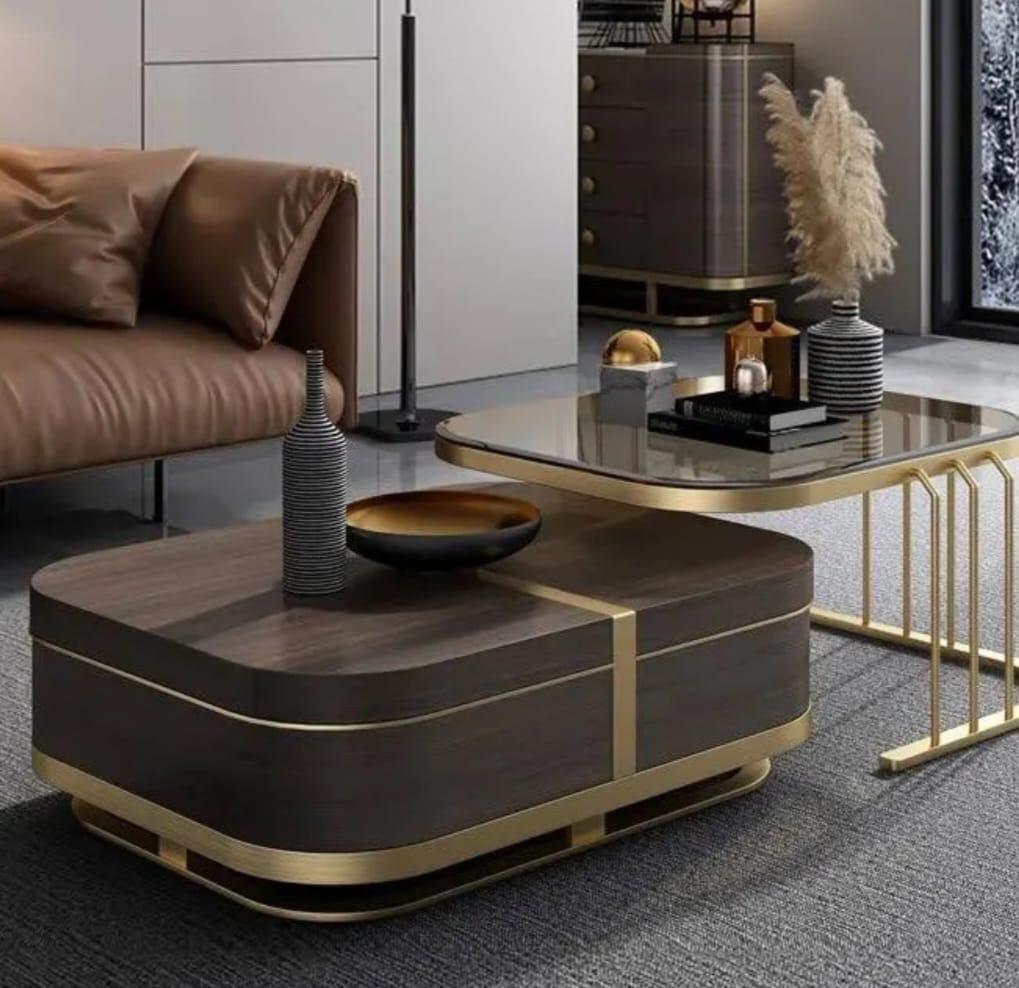 A glass top center table with built-in storage