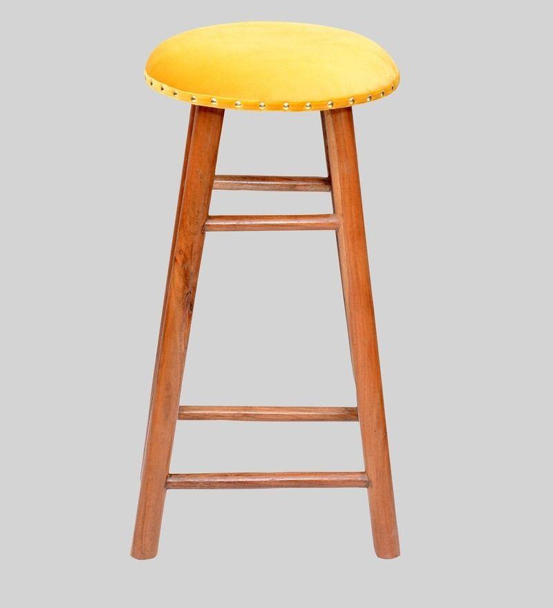 Round Mango Wood Bar Stool In Velvet Yellow Colour - WoodenTwist