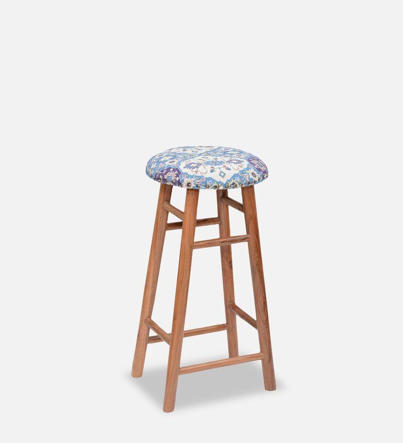 Round Mango Wood Bar Stool In Cotton Multicolour - WoodenTwist