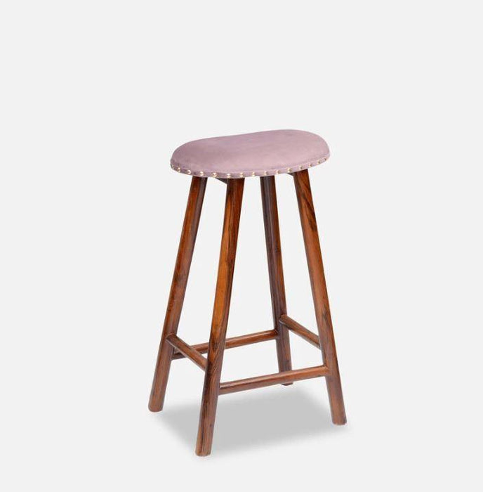 Curved Mango Wood Bar Stool In Velvet Pink Color - WoodenTwist