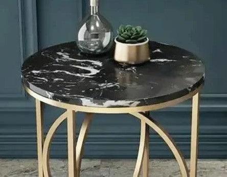 Rounded Side Table in Lavish Gold with a Luxurious Black Marble ( Iron ) - WoodenTwist